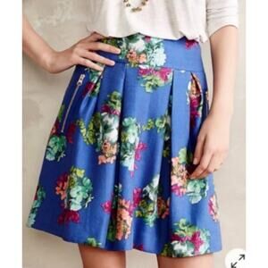 Anthropologie Maeve Size 4 blue floral mini skirt Garden Days Silk blend